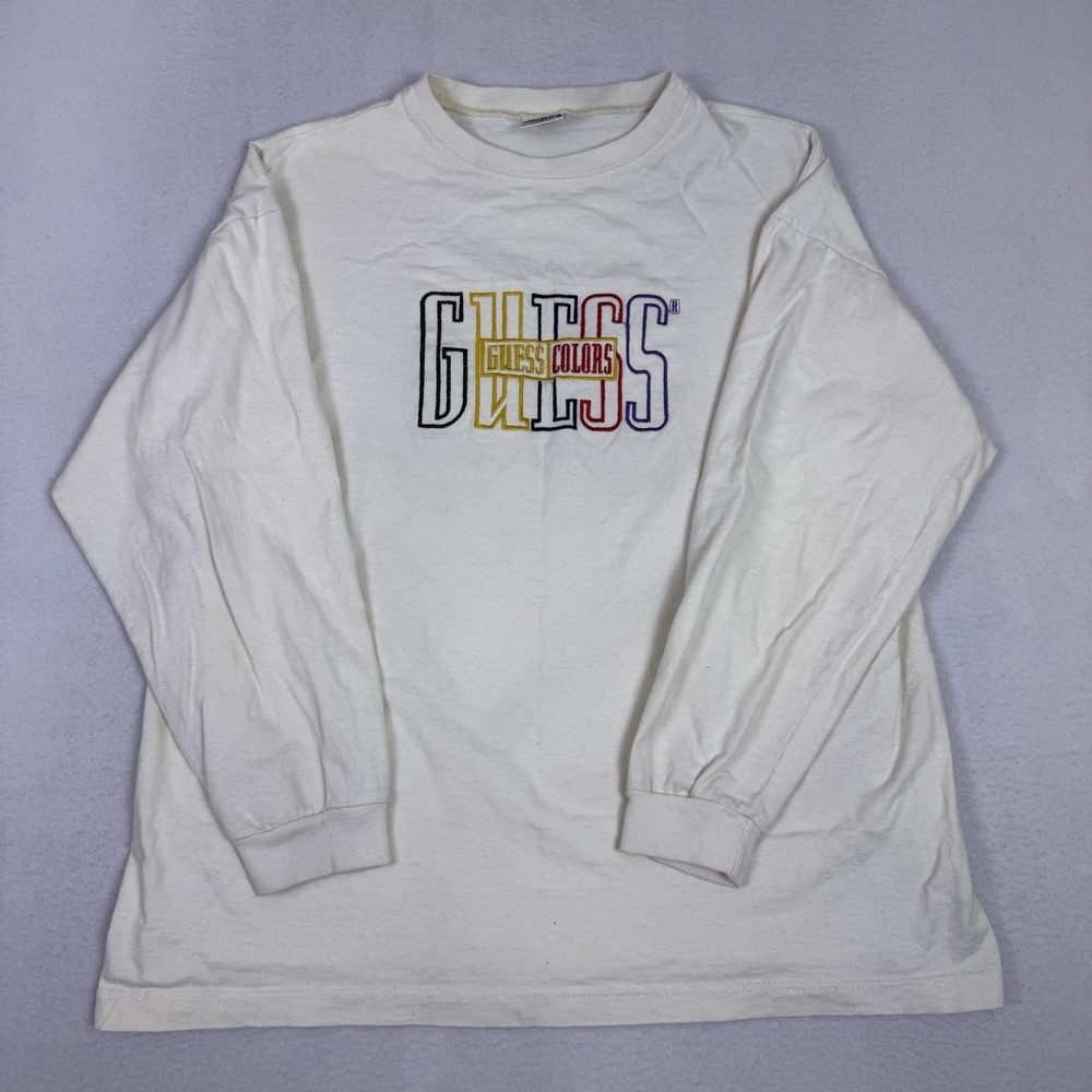Vintage 90s Guess Colors Embroidered Long Sleeve Shirt White Made in USA OSFA